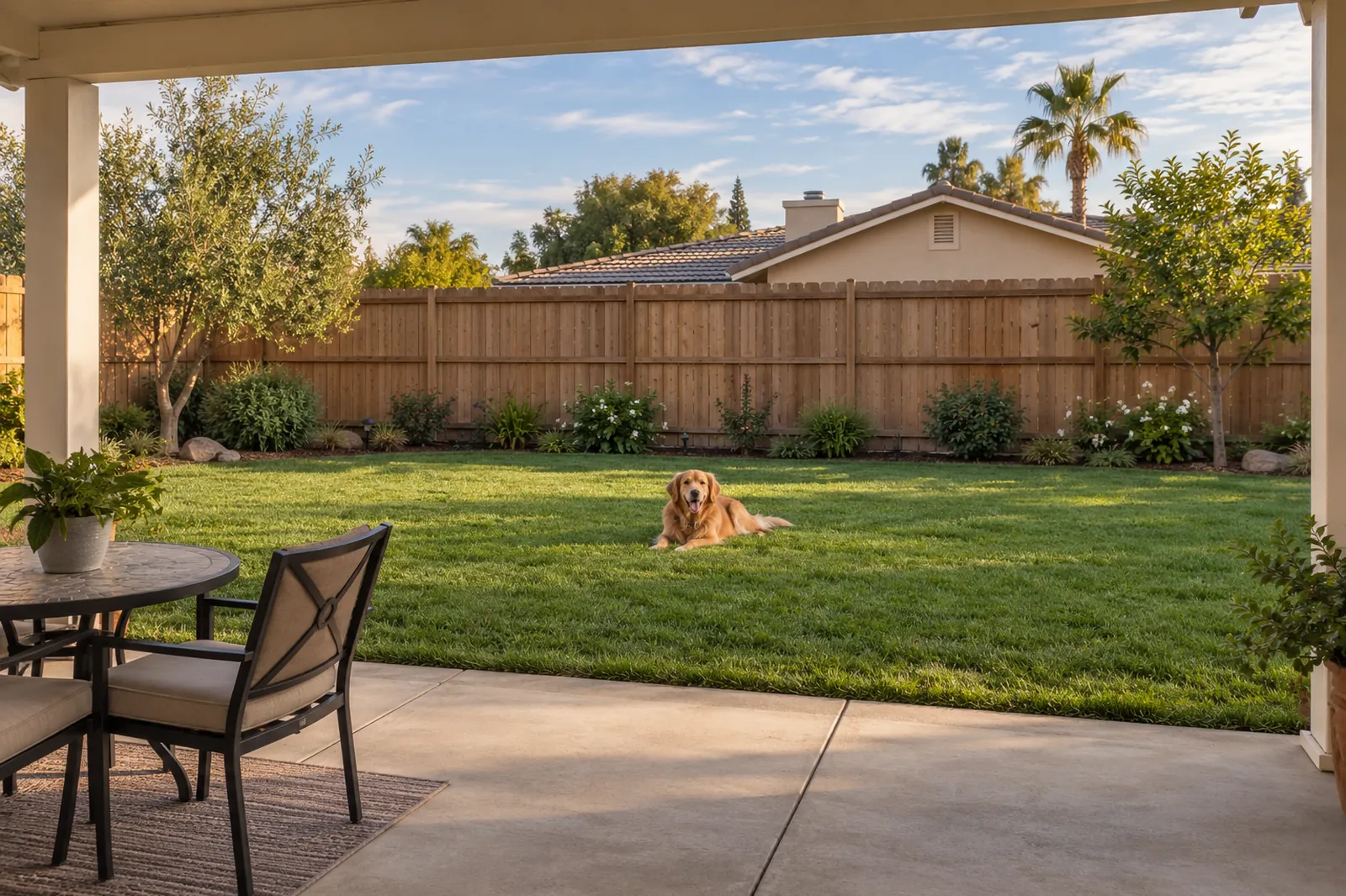 Natural wood privacy fence across a Southern California backyard rendering