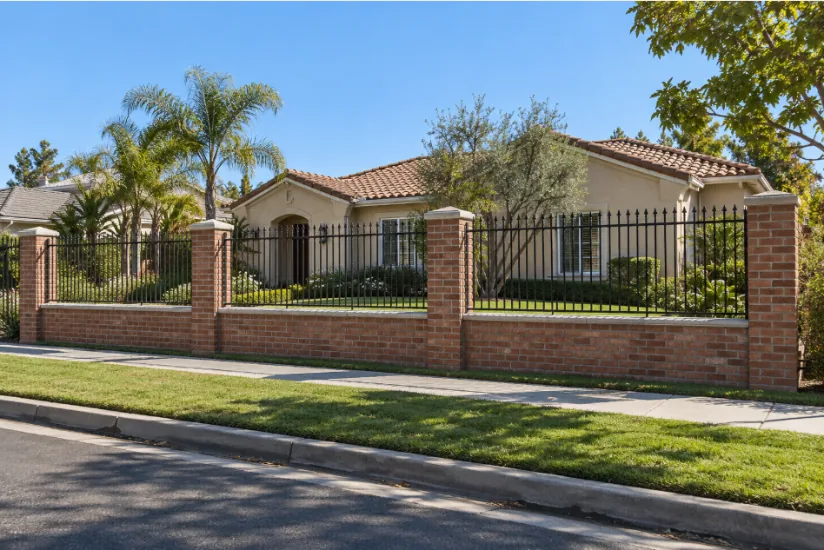 Classic red brick knee wall with spear-top black wrought iron panels on a Southern California front yard rendering