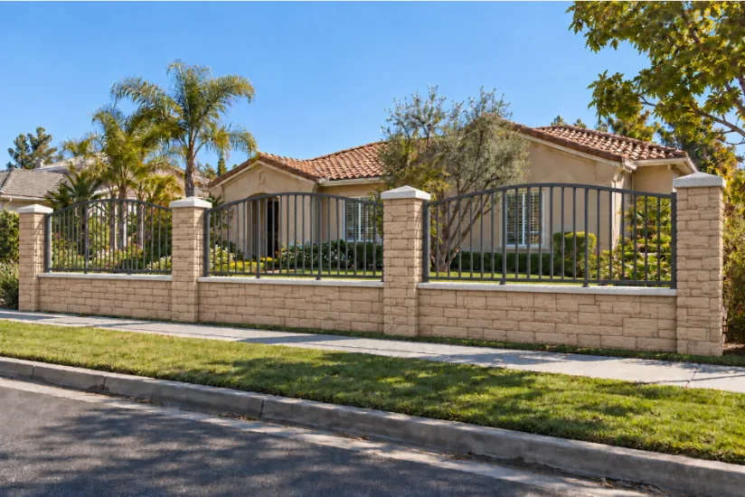Tan slump block wall with arched-top charcoal grey iron panels, front yard rendering