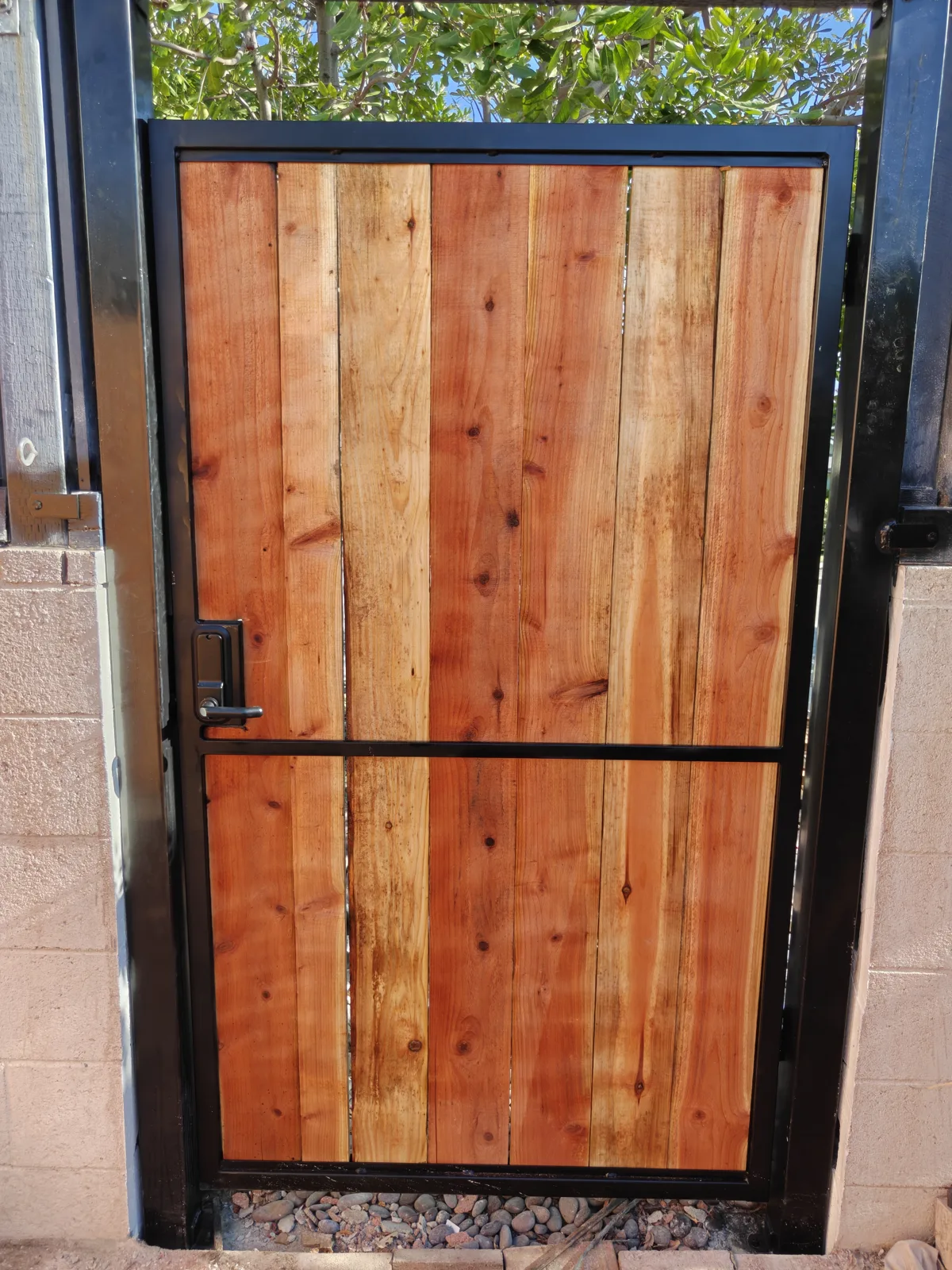 Steel-frame wood gate with keyless keypad lock — a real Apexguard Fence project in Claremont, CA
