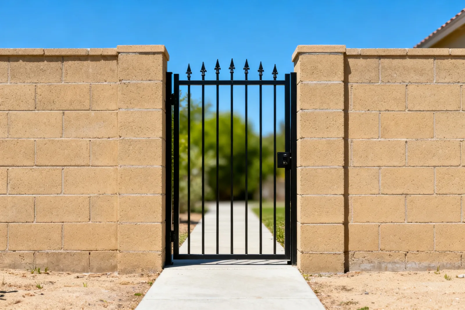 Black wrought iron pedestrian side gate rendering in a block wall opening