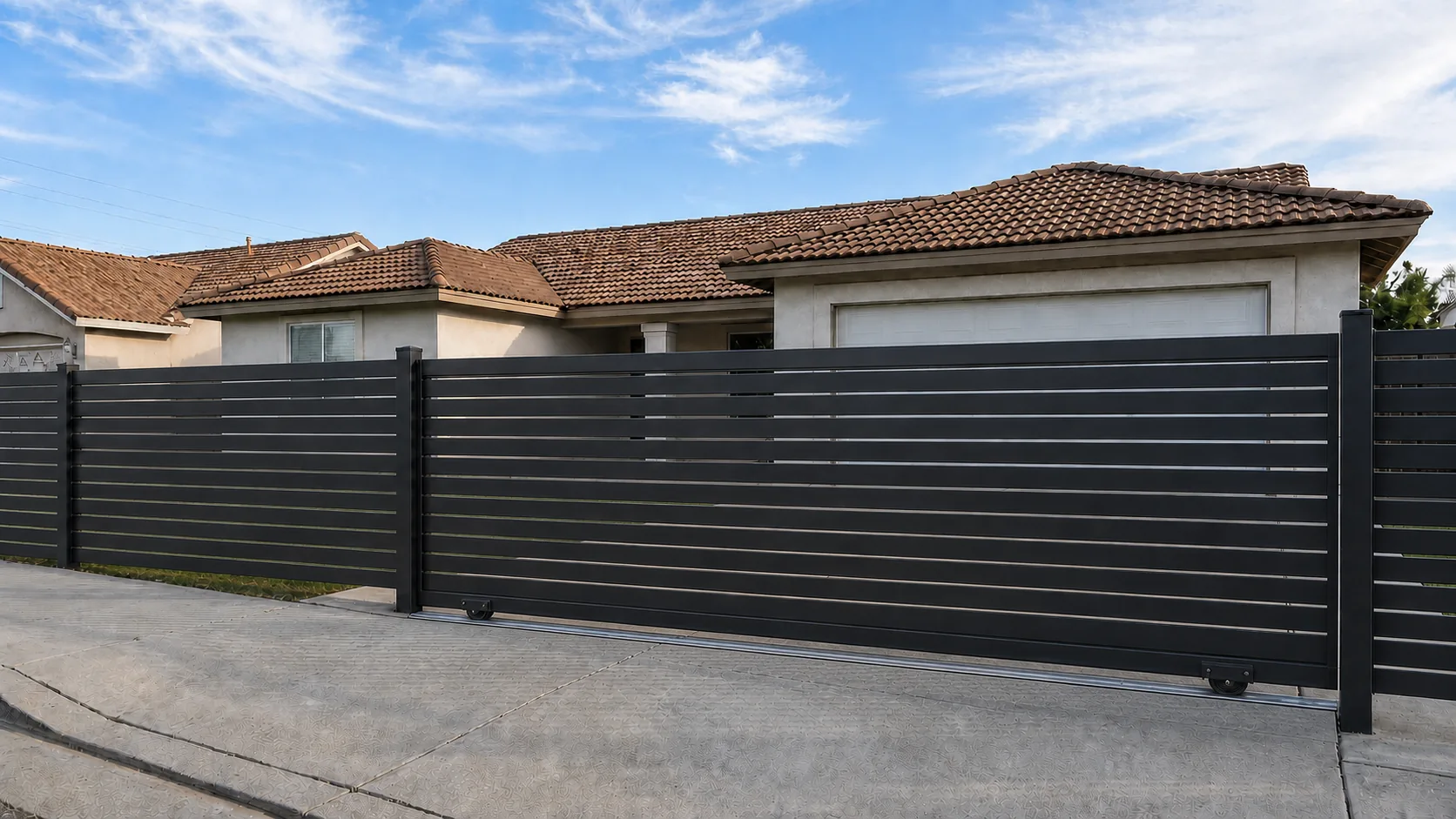 Modern horizontal slat sliding driveway gate rendering